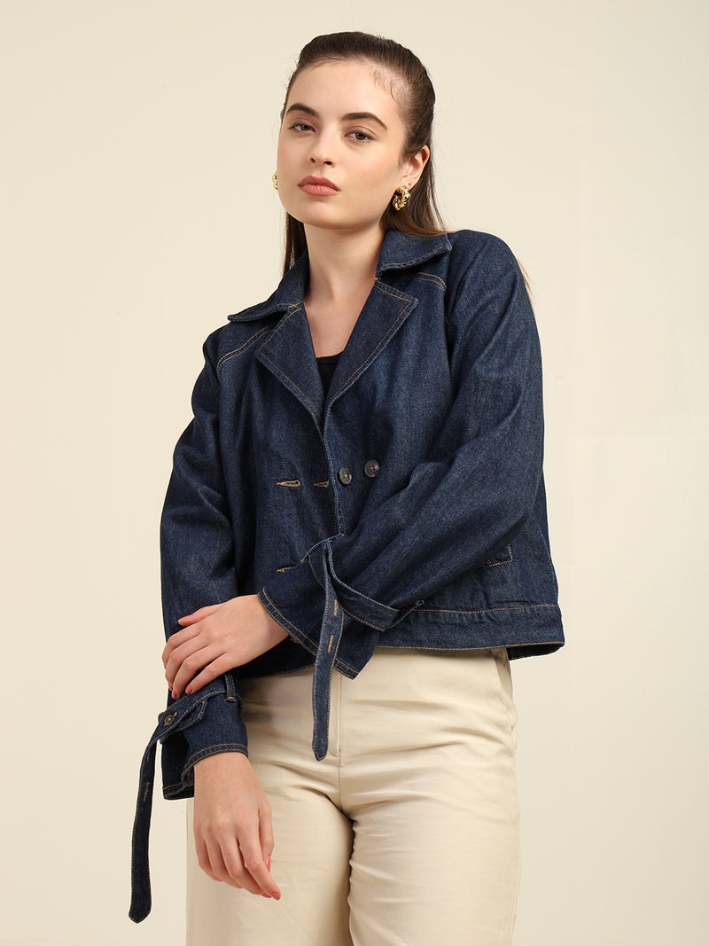 7OUNCE Denim Trench Jacket for Women - Dark Blue - Image 4